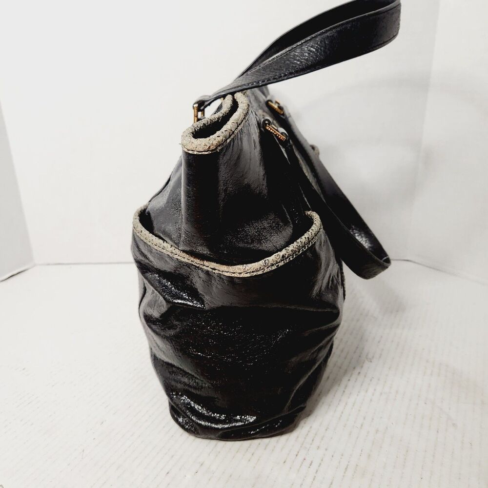 Tory Burch Black Patent Leather Snakeskin Trim Gold Hardware Shoulder Bag Tote - Picture 8 of 16